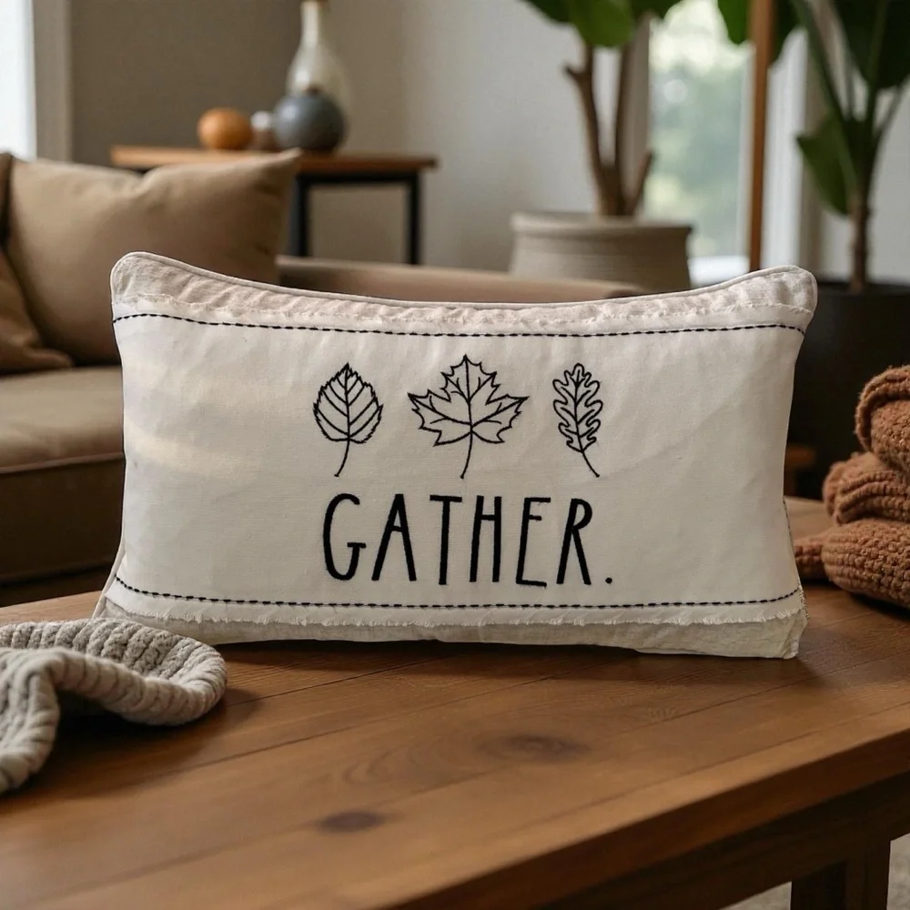 🍁 Rae Dunn Cream Gather Pillow with Leaf Design